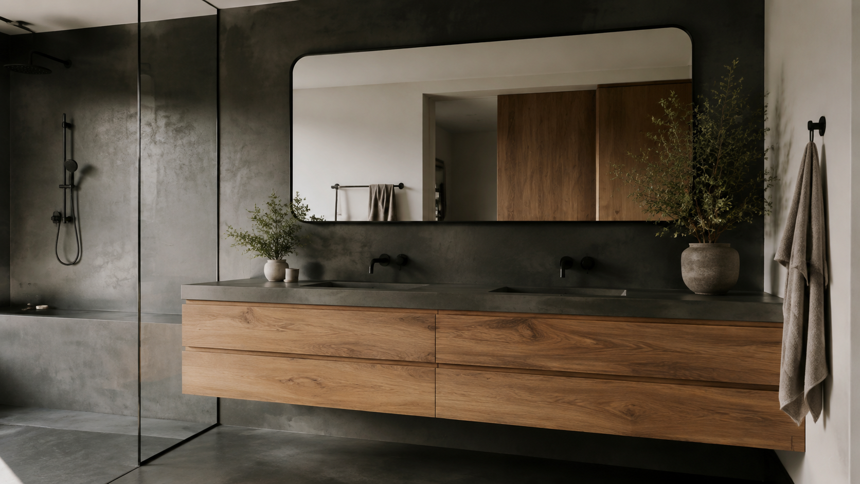 Clean coastal bathroom with a timber vanity and black fixtures
