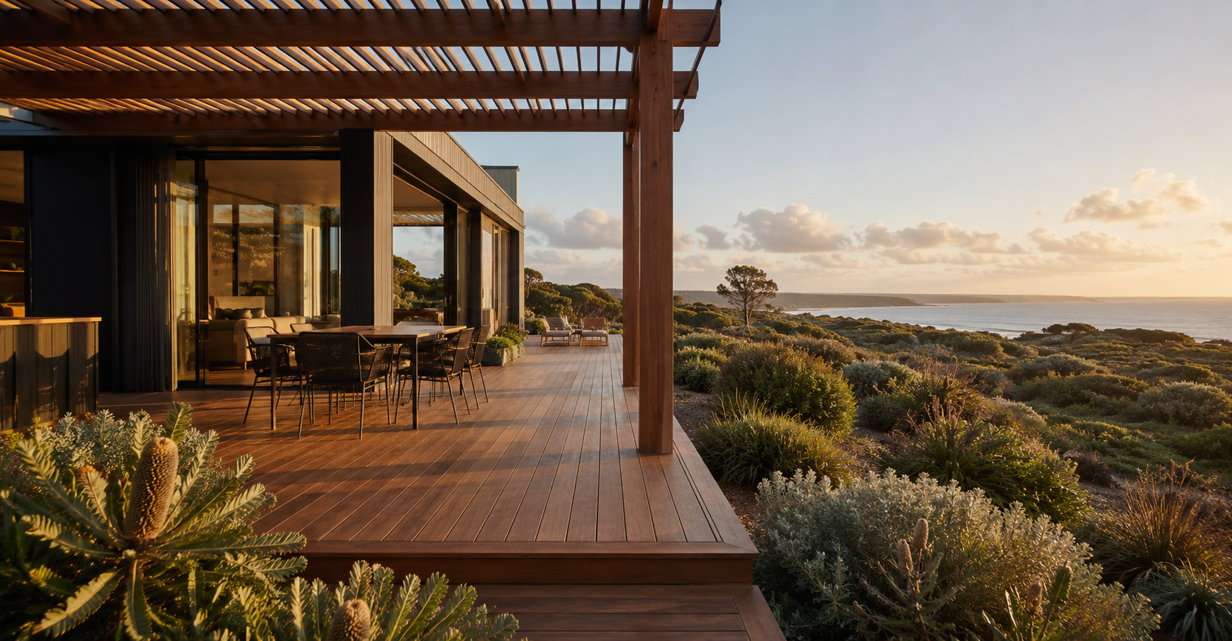 Coastal home with a timber deck, pergola and native landscaping