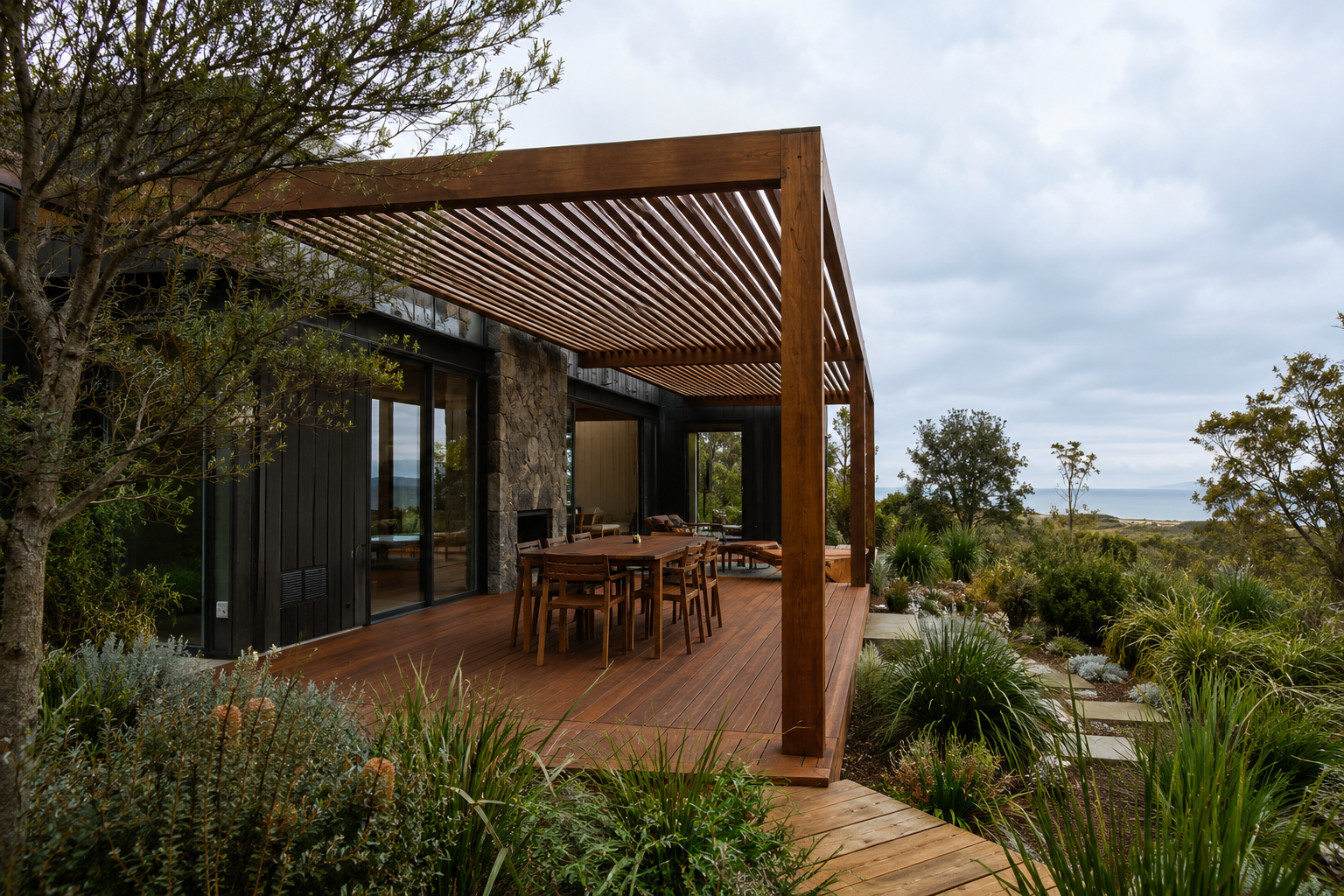Coastal property with a covered timber deck and pergola