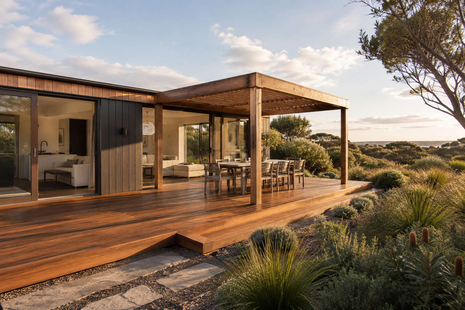 Coastal home with a landscaped outdoor living area