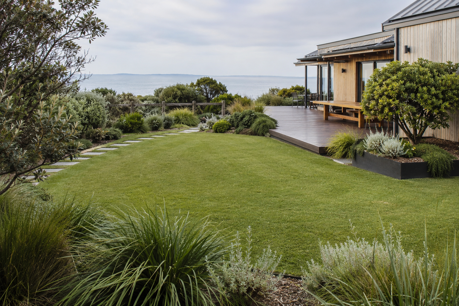Wide manicured lawn with stepping stones and native planting